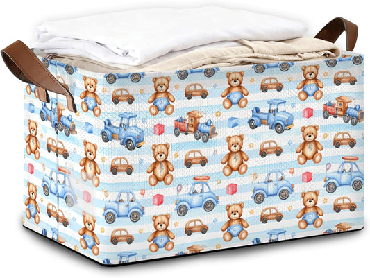 32L Large Storage Bins with Handles, Basket Organizer for Shelves, Closet, Books, Laundry & Home Decor (Cute Bear Car)