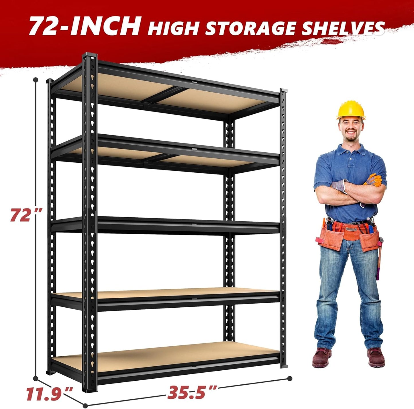 REIBII 2020LBS Storage Shelves 5 Tier Garage Shelving Heavy Duty Adjustable Garage Shelves, Utility Rack Shelf, Shelving Units for Storage Warehouse Pantry Closet, 35.5" W x 11.9" D x 72" H, Black