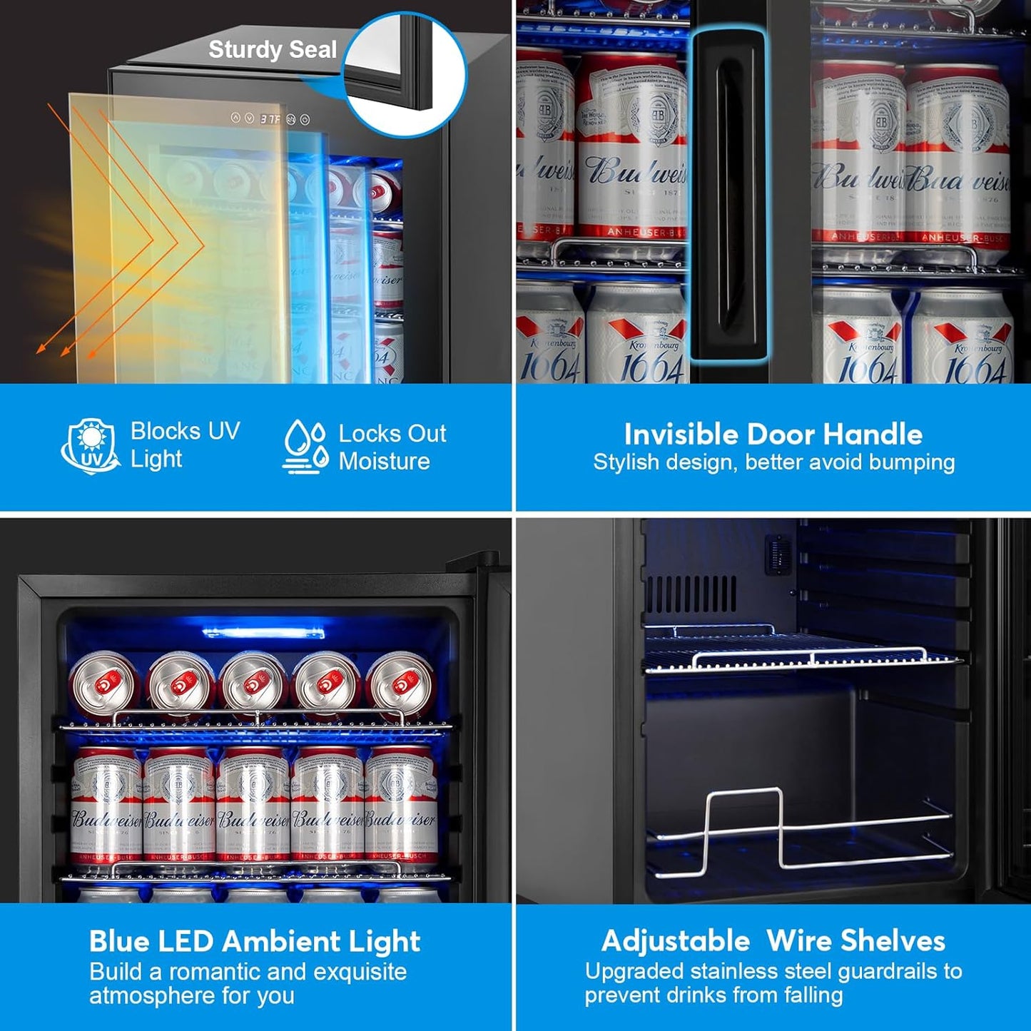 Beverage Refrigerator 17 inch Wide - 126 Can Beverage Cooler with Glass Door | Counter-Top/Freestanding Mini Beverage Beer Fridge | Temperature Memory | Invisible Door | Perfect for Soda,Beer