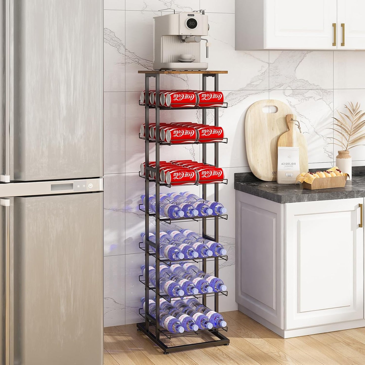 GILLAS 3 5 6 7 8 Tier Water Bottle Storage with Wooden Tabletop,Metal Beverage Can Rack,Large Capacity Bottled Rack Water Bottle Holder Stand for Cabinet,Countertop Kitchen,Party,Black