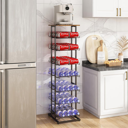 GILLAS 3 5 6 7 8 Tier Water Bottle Storage with Wooden Tabletop,Metal Beverage Can Rack,Large Capacity Bottled Rack Water Bottle Holder Stand for Cabinet,Countertop Kitchen,Party,Black