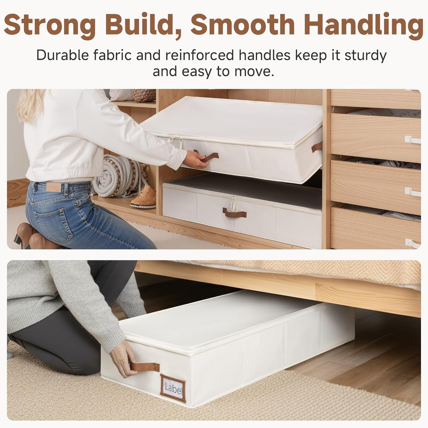 StorageWorks Large Underbed Storage with Lid, 2-Pack Under Bed Storage Containers for Clothes, Bedding, and Sweaters, Beige