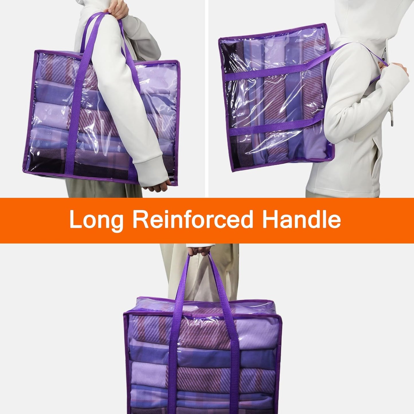 Vieshful Purple 40L Clear Clothes Storage Bag Colorful Clothes Organizer with Zipper Vinyl Storage Bag for Comforter, Blanket, Bedding, Duvet, Transparent Moving Totes 3 Pack