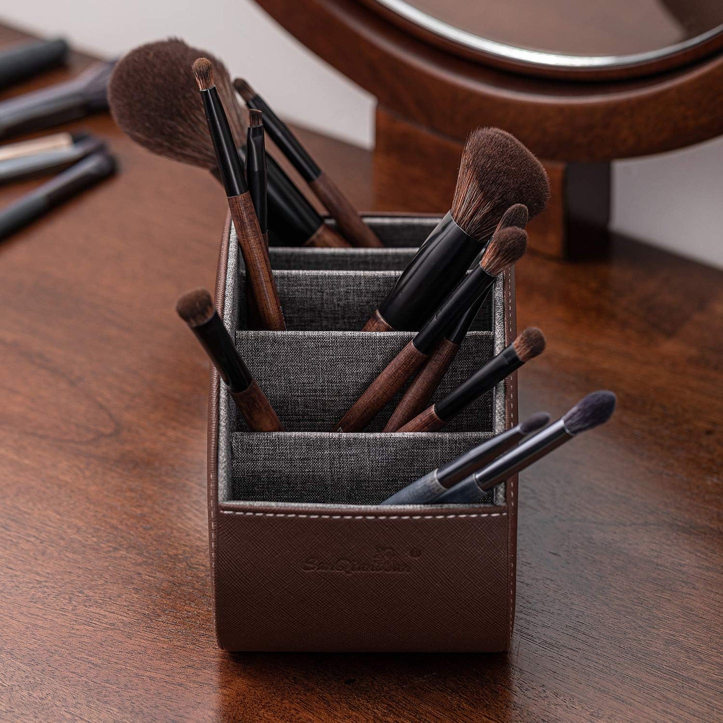 Remote Control Holders Organizer Box with 5 Compartment PU Leather Multi-functional Office Desk Storage Caddy Store Tv Remote for Media Player,Brush,Pencil,Glassees&Office Supplies (Dark Brown)