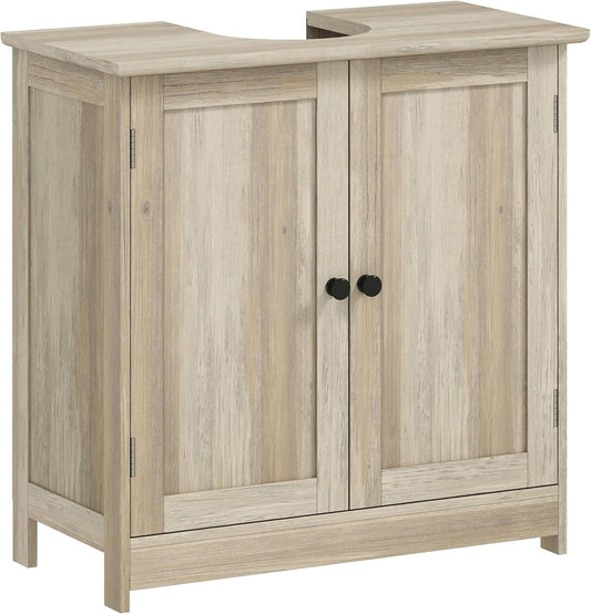 HOMCOM Under Sink Bathroom Cabinet, Pedestal Sink Storage Cabinet with 2 Doors, Shelf and U-Shape, Weathered Gray Oak