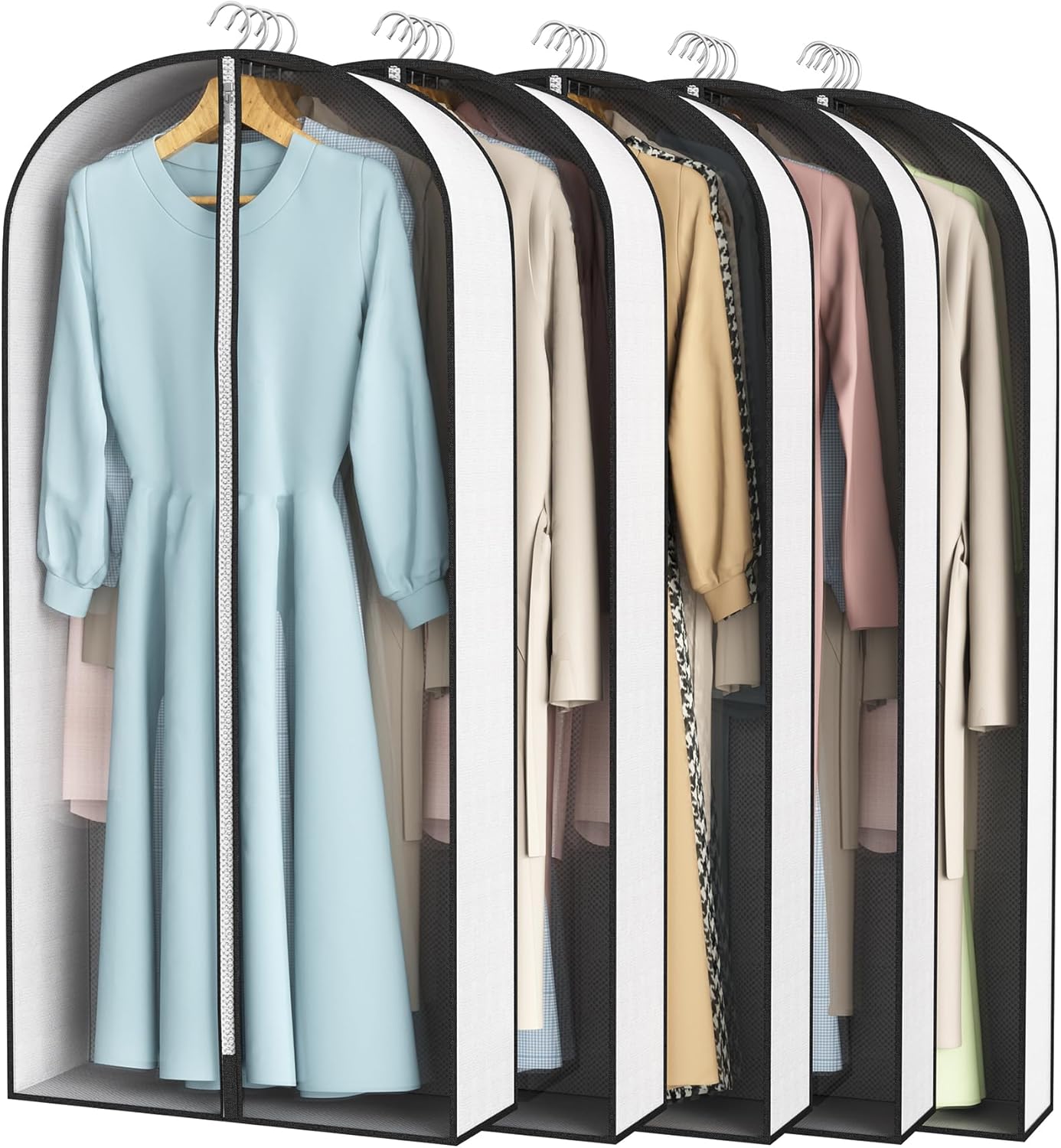 50” Garment Bags for Hanging Clothes 4” Gusseted - with Clear Window, Breathable Fabric, Metal Zipper, Suit Coat Long Dress Protector for Clothes Closet storage, Season Off, Moving, 5 Pack