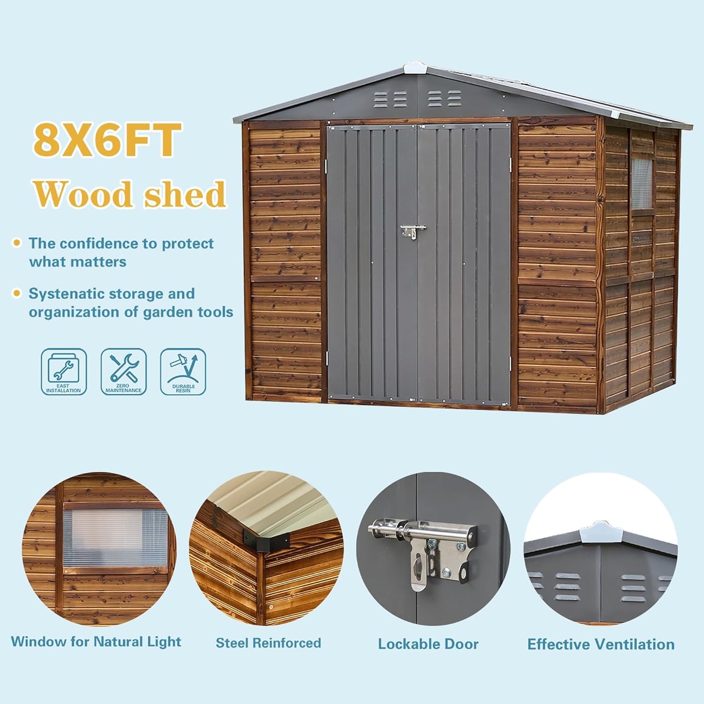 8x6 FT Outdoor Storage Shed, Wood Metal Utility Tool Shed Storage House with Door and Lock, Wooden Sheds Outdoor Storage for Garden,Patio,Lawn,Poolside