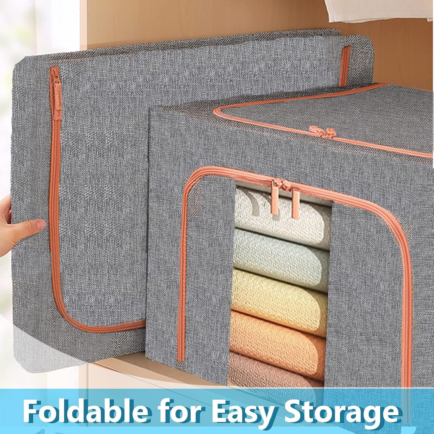 Large Storage Bags,Stackable Clothes Storage Bins with Hold Shape Metal Frame,Foldable Closet Organizer Containers with Zipper,Clear Window,Thick Fabric for Seasonal Clothing (Beige, 100L x 4 Pack)