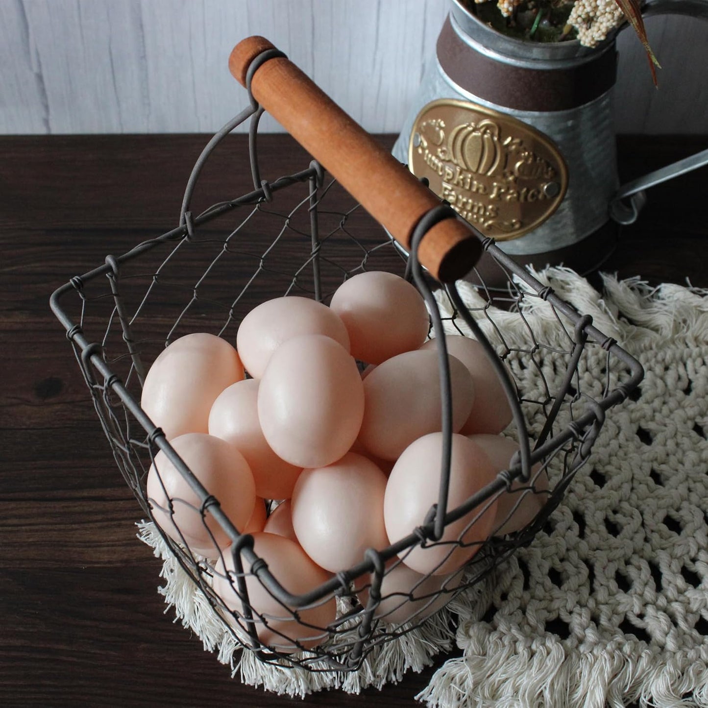 CVHOMEDECO. Square Chicken Wire Egg Basket Fruit Basket with Wooden Handle Primitives Vintage Gathering Basket. Rusty