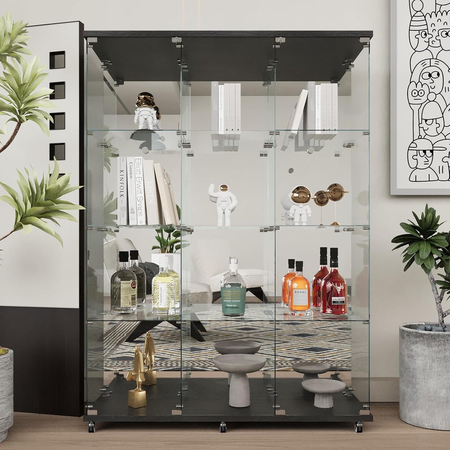 Beauty4U Glass Display Cabinet with Mirror Back Panel, 12 Shelves with 3 Columns, 2 Doors Curio Cabinets for Living Room, Bedroom, Office, Black Floor Standing Glass Bookshelf, Quick Installation