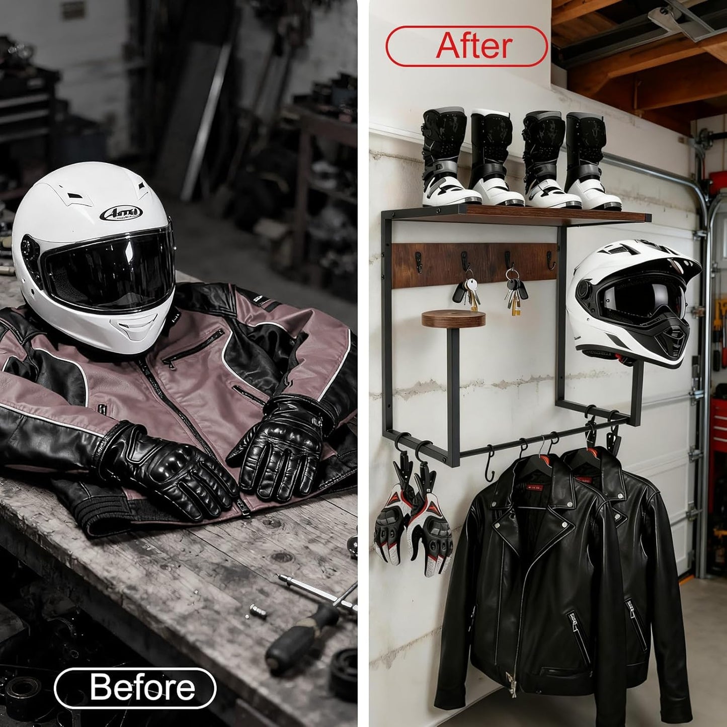 Motorcycle Helmet Wall Mount Rack, Heavy-Duty Helmet Holder with Storage Shelf for Moto Gear Accessories Organization, 2 Helmet Stands, 4 Clips, 9 Hooks for Hanging Gloves, Keys, Jackets