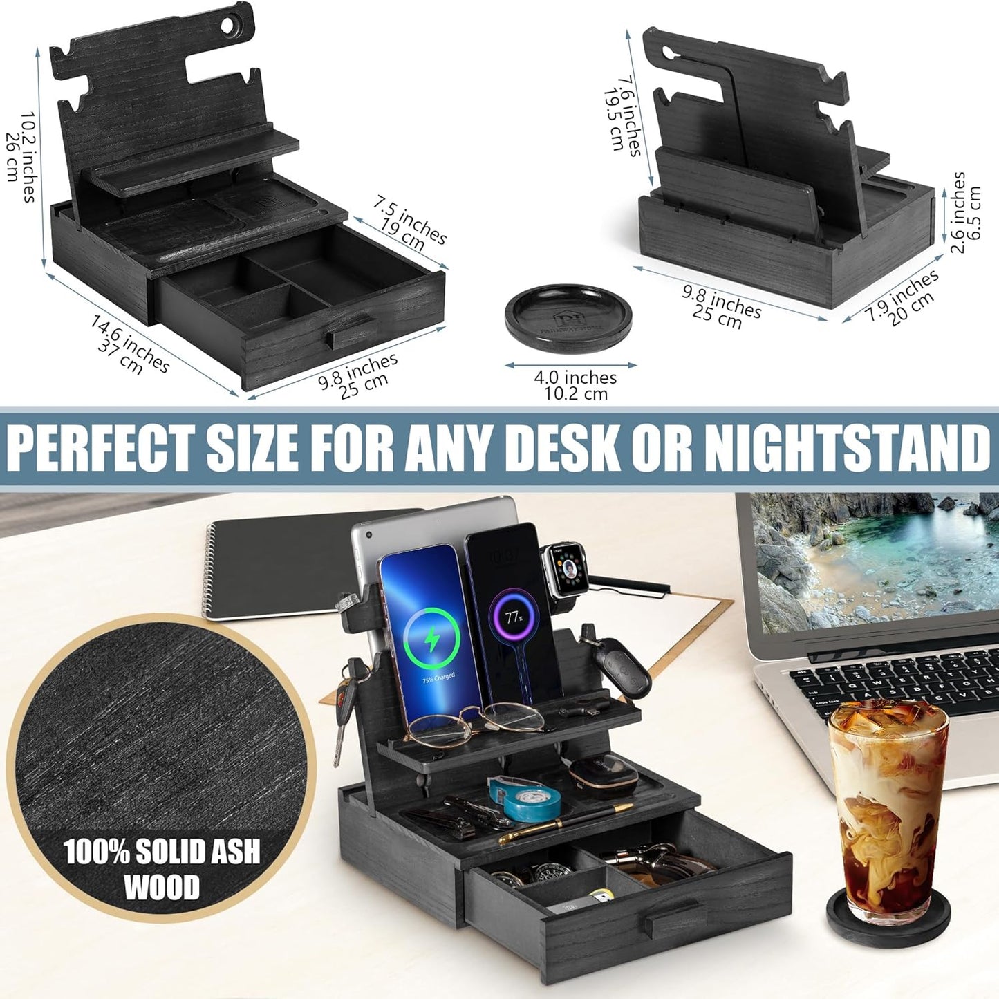 Black Wood Phone Docking Station for up to 3 Phones - Nightstand Organizer with Drawer for Valuables for Men & Women, Compatible With Apple Watch, Holds Phones, Tablets, Keys, Rings, Glasses, EDC