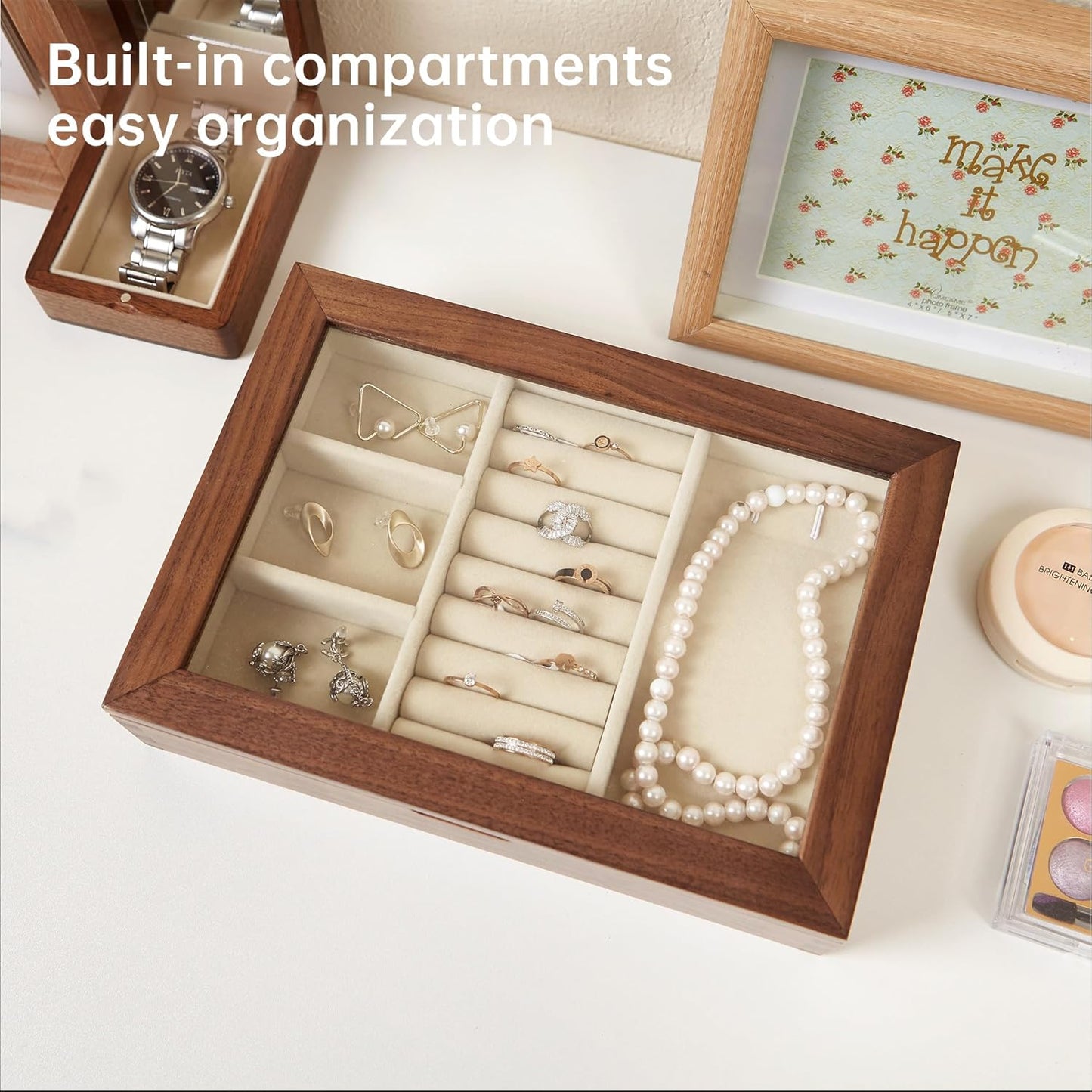 YESWOOD Jewelry Box Organizer, North America Black Walnut Wood Jewelry Boxes for Women for Storage & Display of Necklaces, Rings, Earrings, and Bracelets