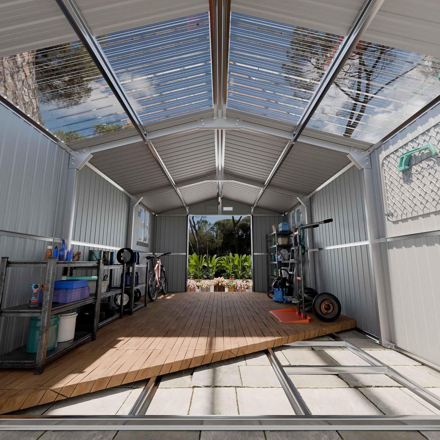 Metal Shed 10x16 FT with Floor Frame Kit, Big with Heavy-Duty Reinforced Steel Frame and Customizable Skylight, Lockable Doors, 4-Pane Windows, Large Outdoor Storage for Garden, Tools, and Utility