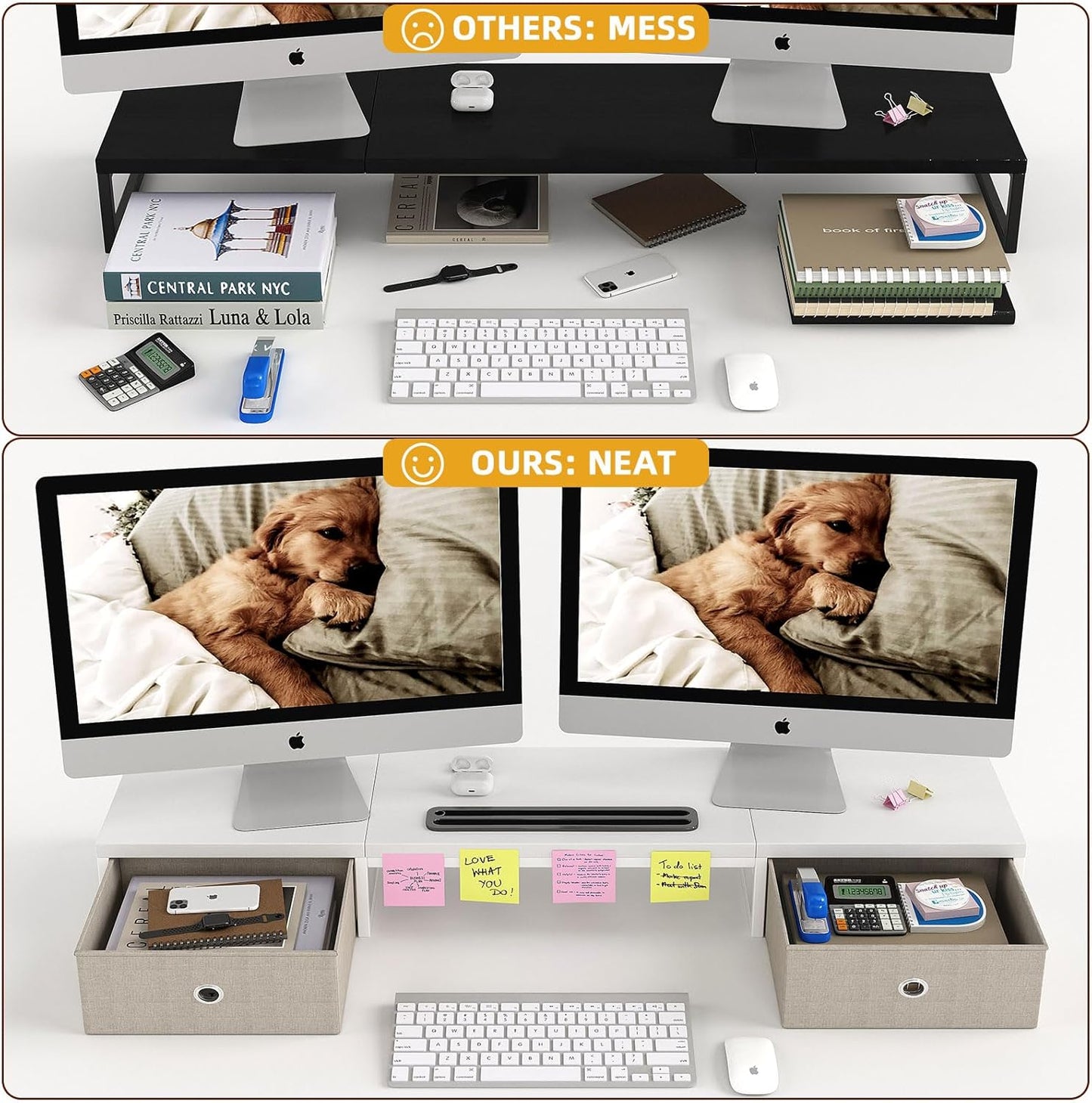Mexin Dual Monitor Stand Riser with 2 Drawers - 39Inch Large Storage Computer Monitor Stands for 2 Monitors, Wooden Desktop Organizer Perfect for Home Office Desk, Computer, Laptop, TV, White