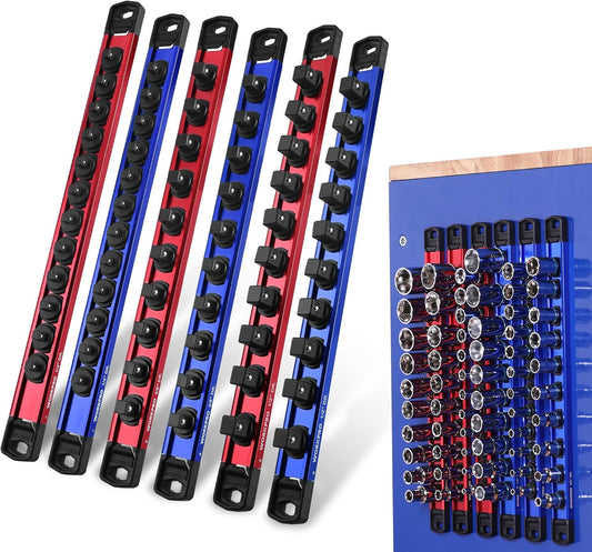 WORKPRO Magnetic Socket Organizer Set, 1/2" 3/8" 1/4" Drive Aluminum Alloy Socket Holder, 6PC Socket Rail with Removable Socket Clips, Socket Organizer Tray for Tool Box Drawer (Sockets Not Included)