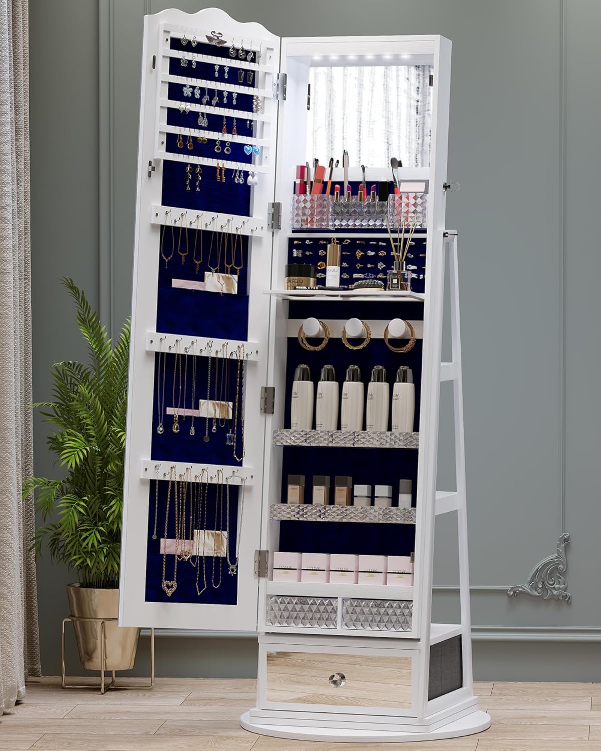 Full-Length Mirror Jewelry Cabinet Standing, 360° Swivel Jewelry Armoire with Mirror and LED Lights, Built in Mirror & Large Storage Shelves & Drawer, White