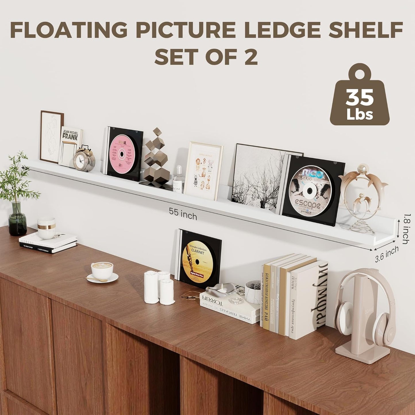 Axeman White Floating Shelves - 55 Inch Picture Ledge Shelf Set of 2 - Floating Wall Shelves with Lip - Picture Shelf for Wall with Ledge - Photo Ledge Shelves