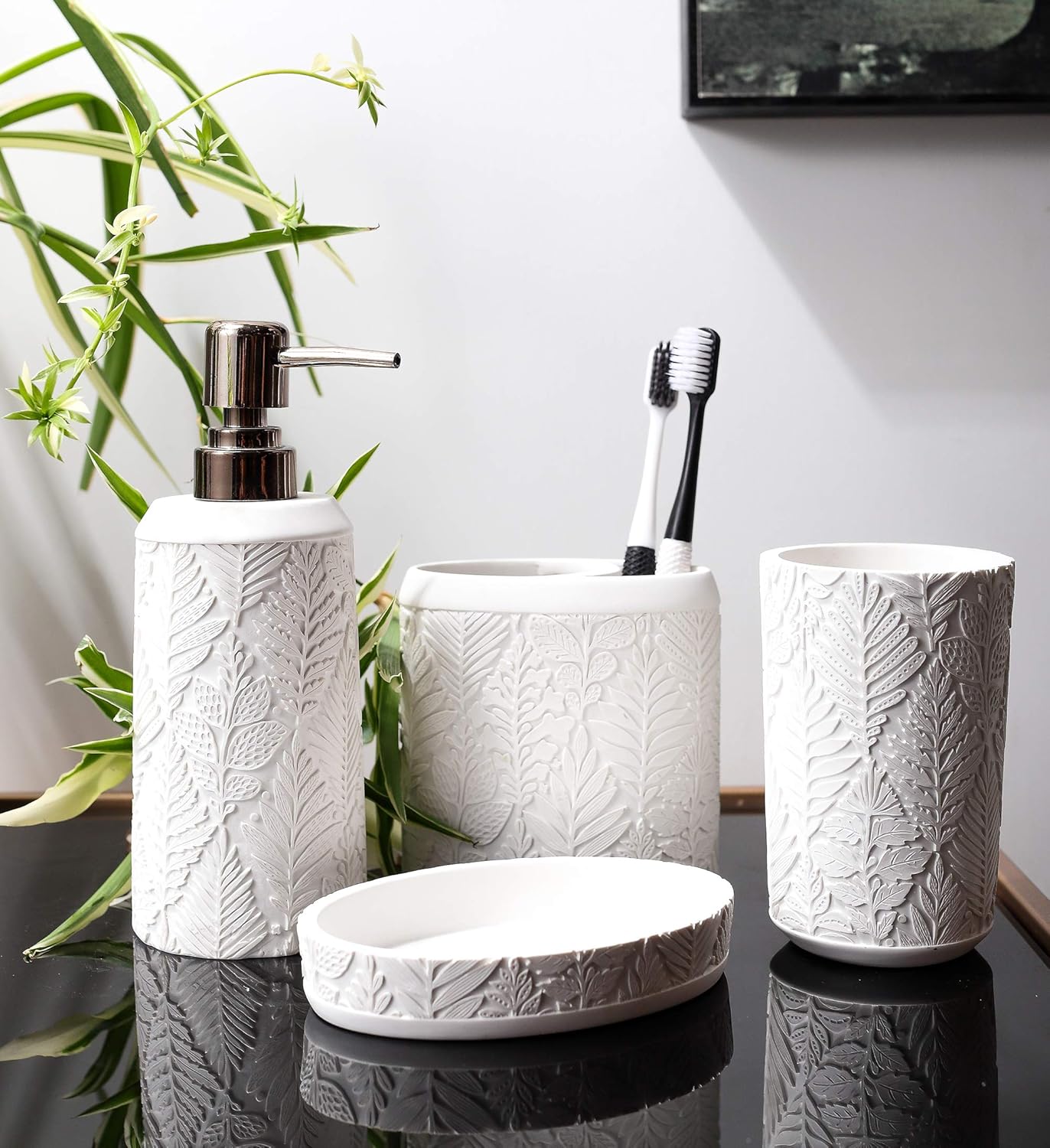 Hymmah Bathroom Accessories Set,Toothbrush Holder,Farmhouse Decor,4 Pcs Resin Gift Apartment Necessities, Contain Toothbrush Cup,Soap Dispenser & Dish,Tumbler