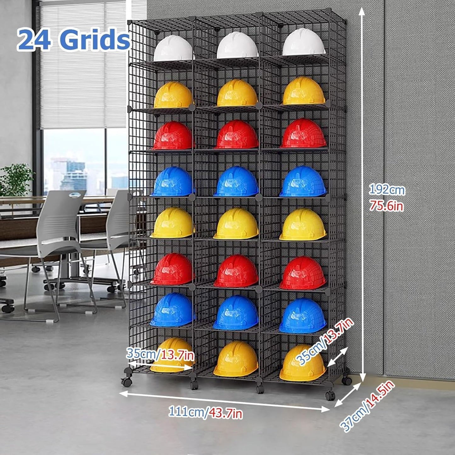 Stackable Safety Helmet Storage Boxes, Large Adjustable Hard Hat Placement Organizer Rack,with Wheels,for Construction Site/Garage/Workshop/Factory Helmet Display Shelf (Black, 24 Grids-3 * 8)