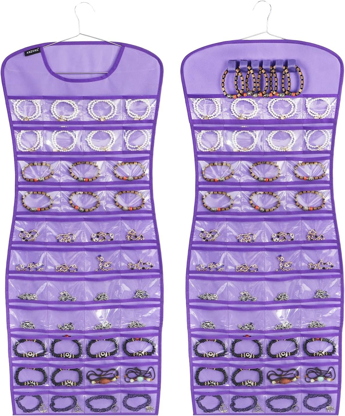 Hanging Jewelry Organizer Dual Sided 84 Clear Pockets and 6 Hook Loops Storage for Holding Jewelries Hair Accessories Dress Shaped Earring Holder (84 Pockets and 6 Hook Loops -Purple)