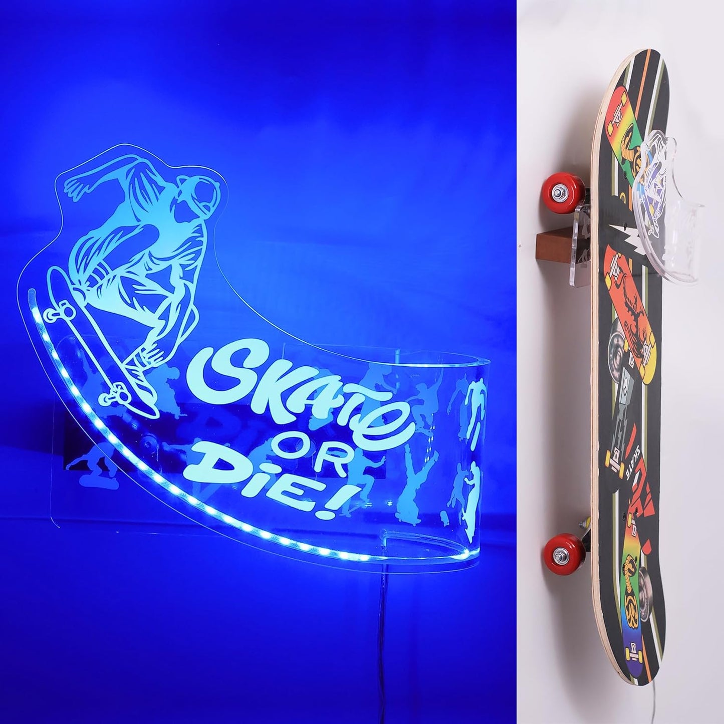 Light Up Skateboard Wall Mount, Acrylic Skateboard Rack with Skateboarding Pattern Blue LED Lights for Trick(Street or Vert) Board Longboard Penny board Storage and Display, Skater Gifts