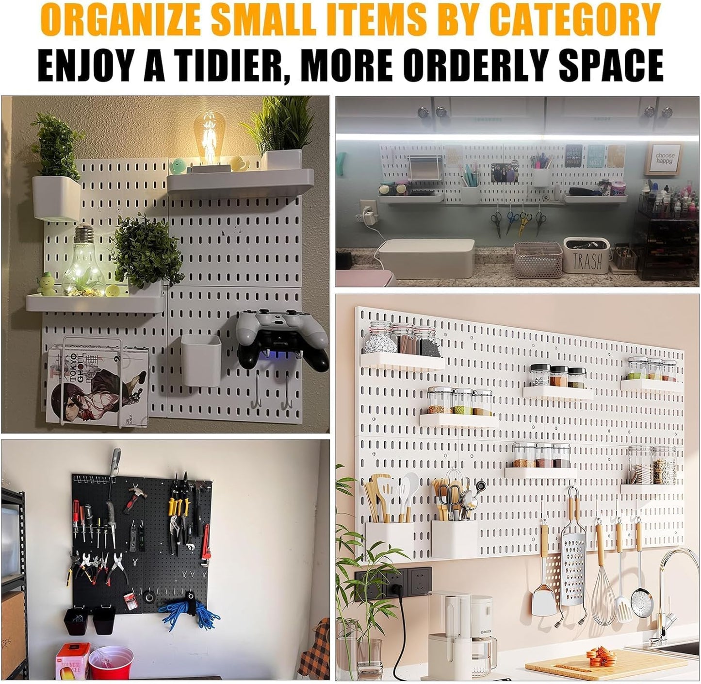 PSLER 4PCS Pegboard Wall Organizer White Peg Boards for Desk, Office & Gaming Setup Space-Saving Peg Board Kit with Hooks for Keys, Storage Box, Partition