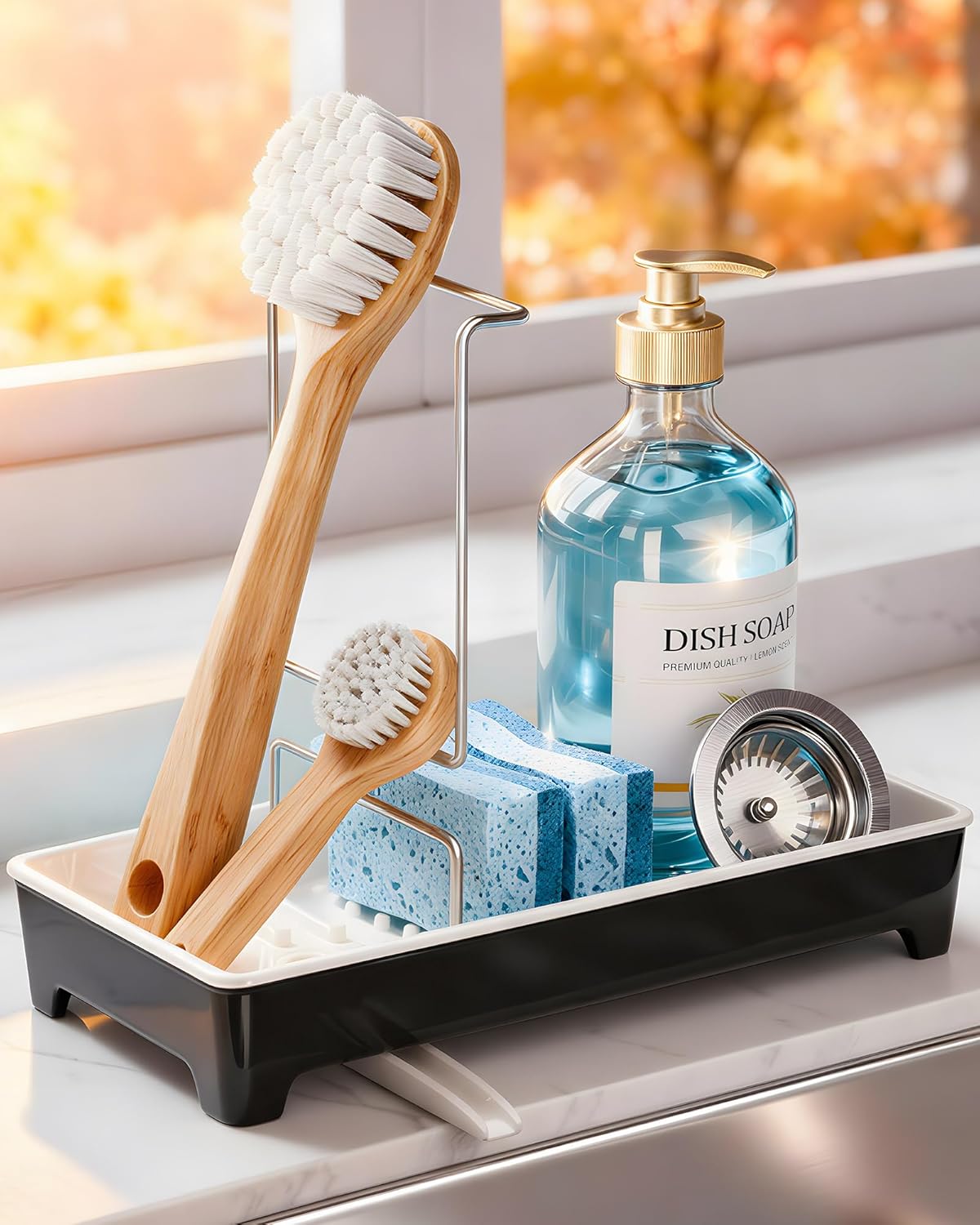Ceramic-Look Sink Caddy, Rustproof Sponge Holder for Kitchen Sink with 304 Stainless-Steel Brush Holder, Countertop Rack Organizer with Raised Ridges & Silicone Drain Tube (Black)