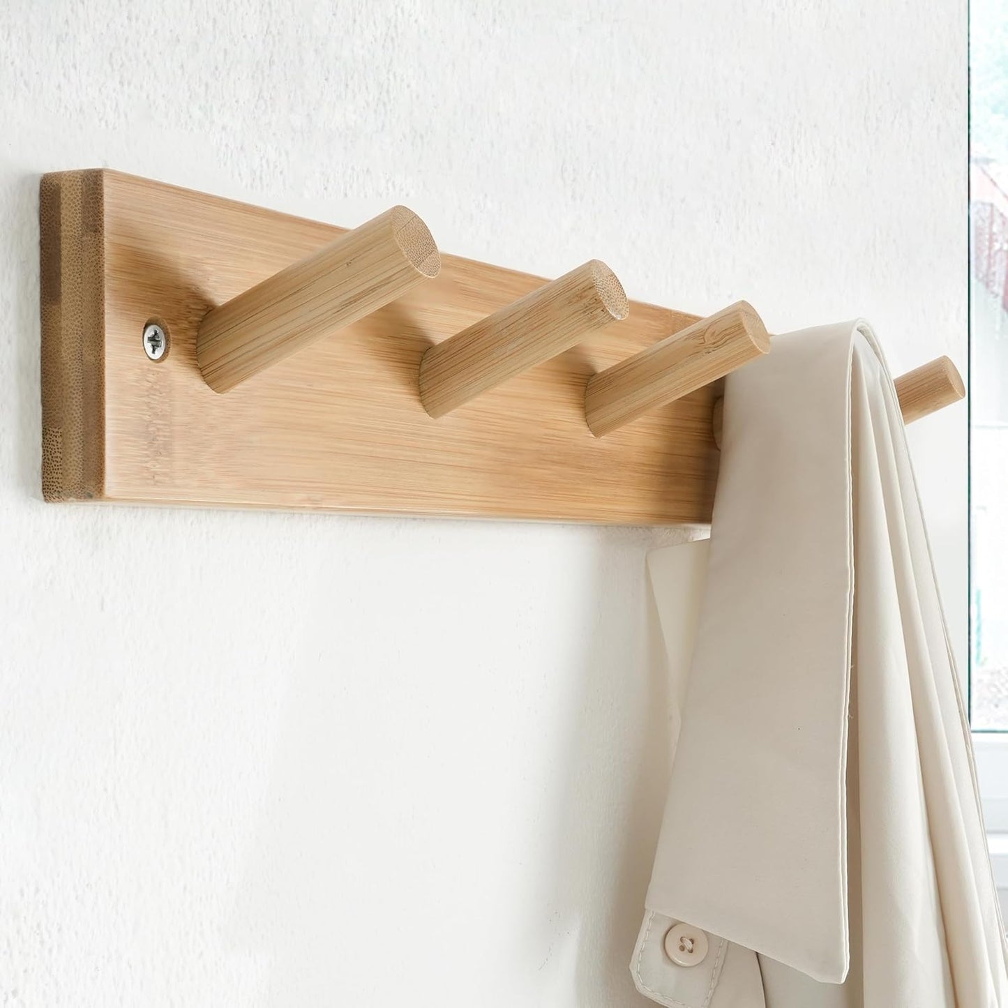 SKOLOO Wooden Wall Mounted Coat Rack,16'' Hole to Hole, 5 Pegs Bamboo Wall Hook for Hanging Clothes Robes Towels Hats,Natural Gold