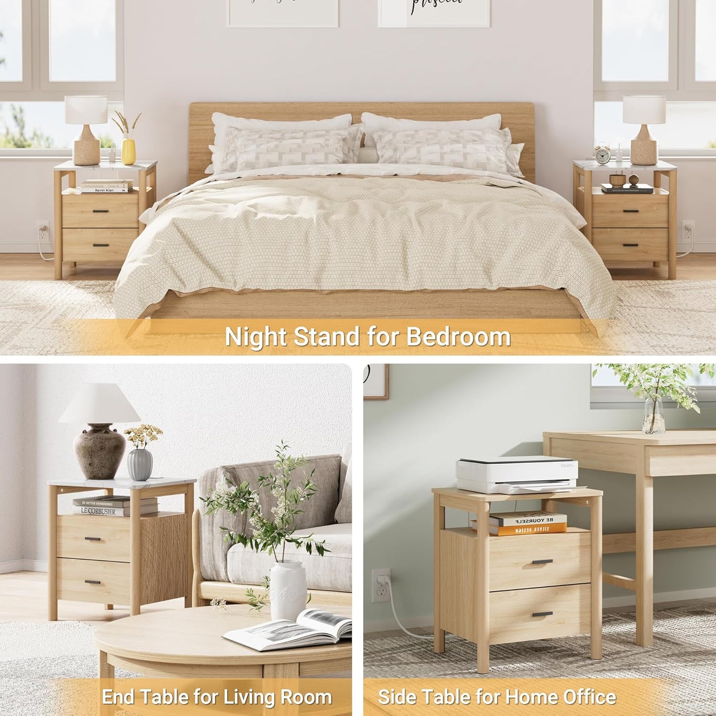 Night Stand Set of 2 with Charging Station, 20" Large Modern Nightstand with Faux Marble Top, 2 Drawers End Table with Solid Round Post Legs&Open Shelf, for Bedroom, Natural Oak