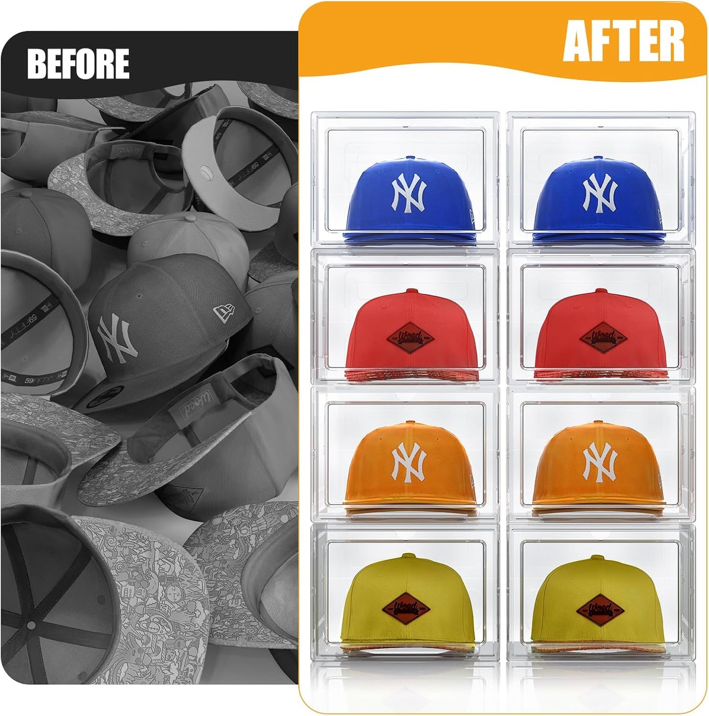Hat Organizer Box, Stackable Clear Baseball Caps Holder Box Containers with Magnetic Door for Hats Snapback Cap Storag, Hat Rack Display Case, Holds 8 Hats Each (Clear, 6 Pack)