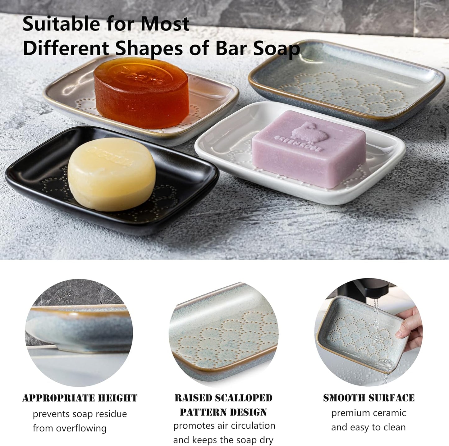 Gomakren Soap Dish for Shower, Ceramic Soap Dishes for Bar Soap Sponge, Christmas Shower Soap Holder Saver Tray for Bathroom Kitchen Sink, Easy to Clean, Gray