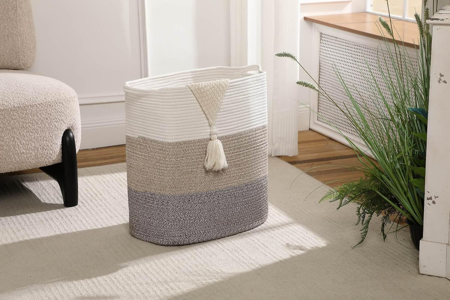 Tall Laundry Basket With Handles,Woven Cotton Rope Big Laundry Hamper Sorters,Versatile Storage for Dirty Clothes,Baby Toys,and Blankets in Bathroom, Nursery,and Living Room (Gradient Brown, 50L)