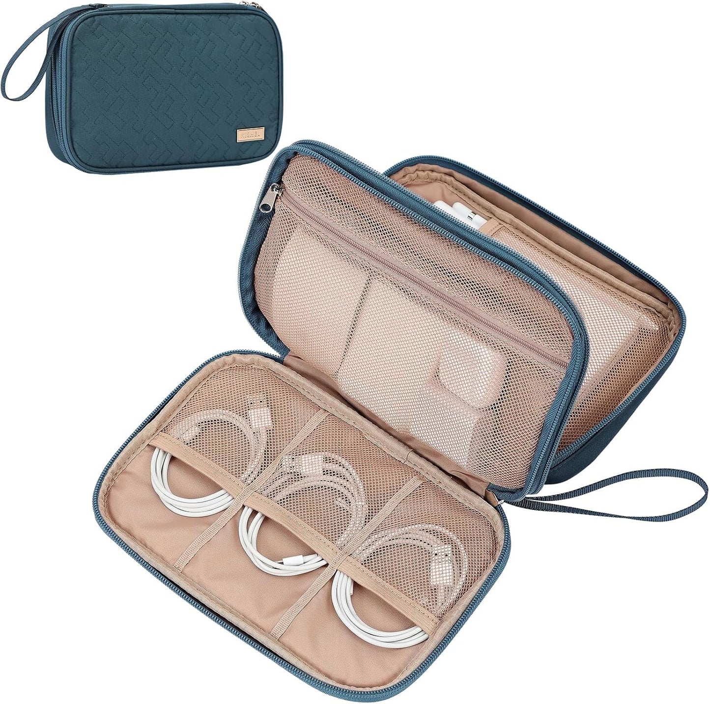 NISHEL Travel Cord Organizer Case, Double Layers Tech Electronic Bag, Essentials for Charger, Cable, Phone, Flash drive, Large, Lake-Blue