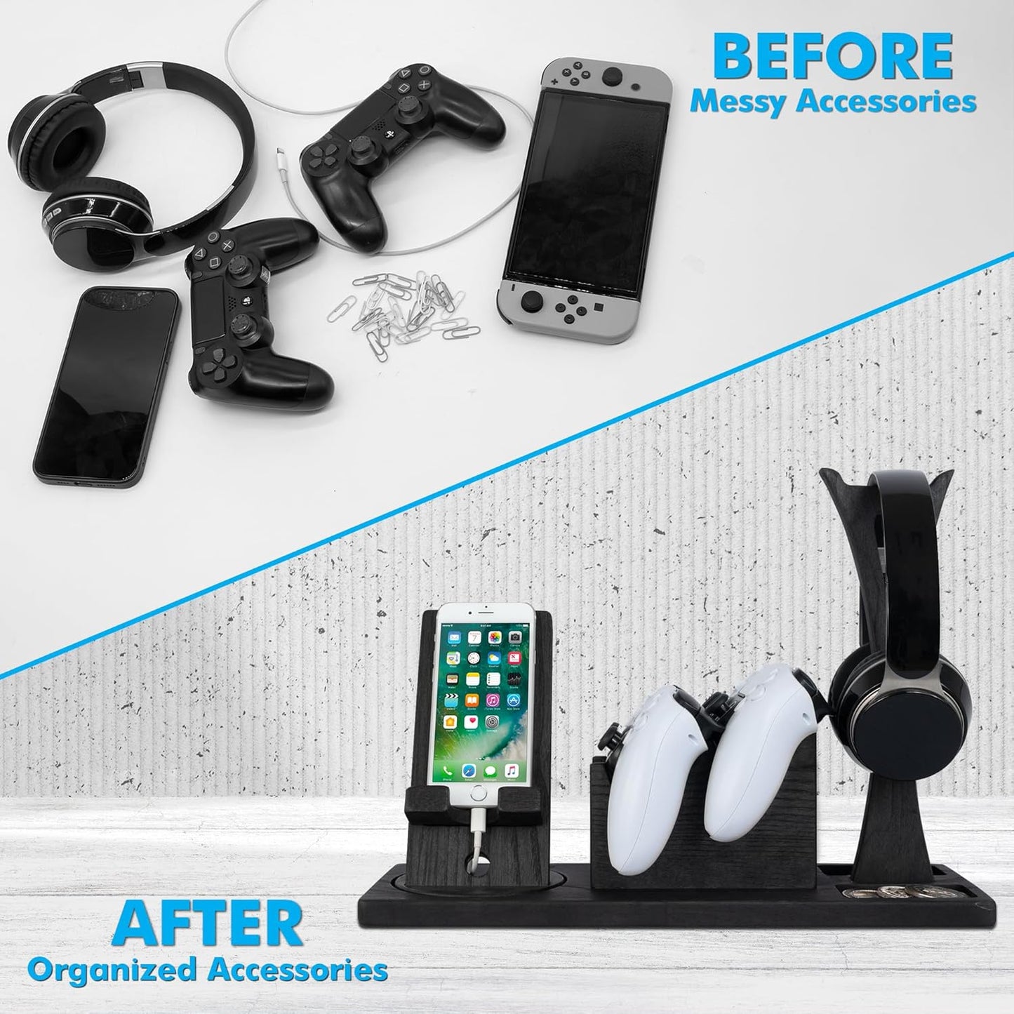 Unique Gift for Gamers, Game Room Decor. Unique Gaming Organizer with Headset Holder, Rotatable Phone Stand & Controller Stand. Wooden Gaming Gadget for Gaming Desktop, Streamer, Teenage Boy