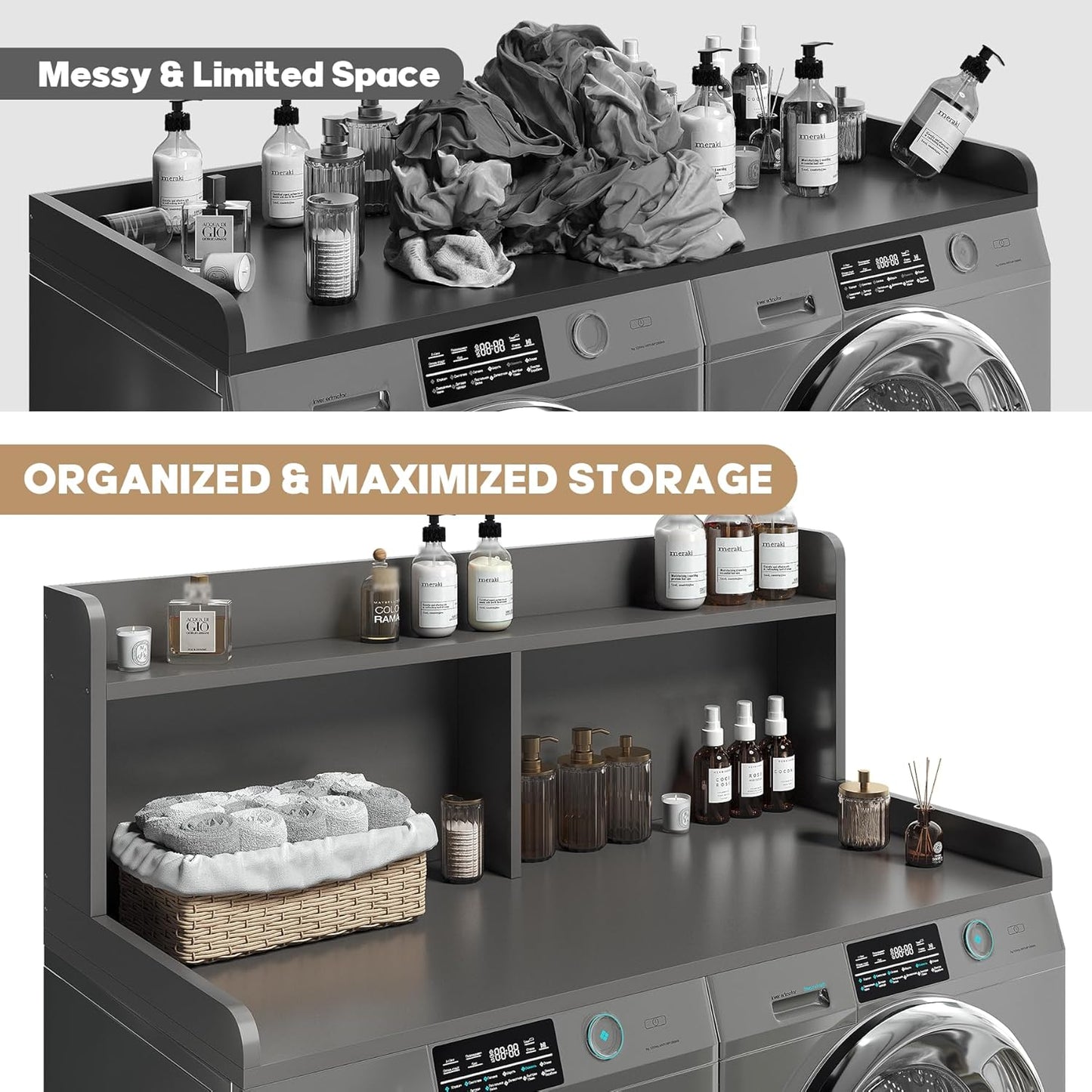 2-Tier Washer Dryer Countertop, 18.5" Raised Height Laundry Countertop with Edge Rails and Non-Slip Pad, 54" W x 27.55" D Washer and Dryer Topper for Laundry Room Storage Organization (Gray)