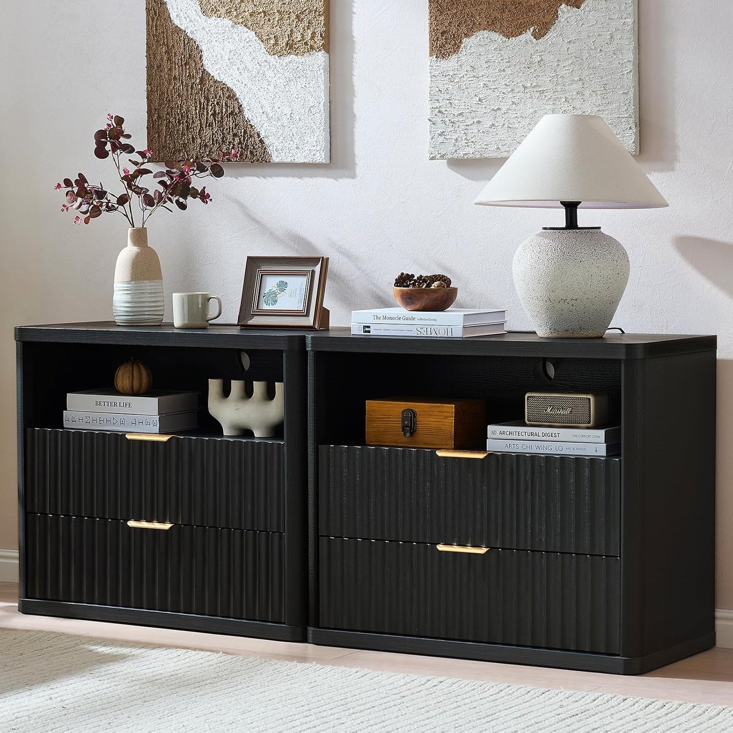 LEYAOYAO 31" Wide Fluted Night Stand Set of 2 with Charging Station, Oversized Extra Large 2 Drawers Nightstand,Black Wood Bedside Table,Tall End Tables,Modern Chest of Drawers Dressers for Bedroom