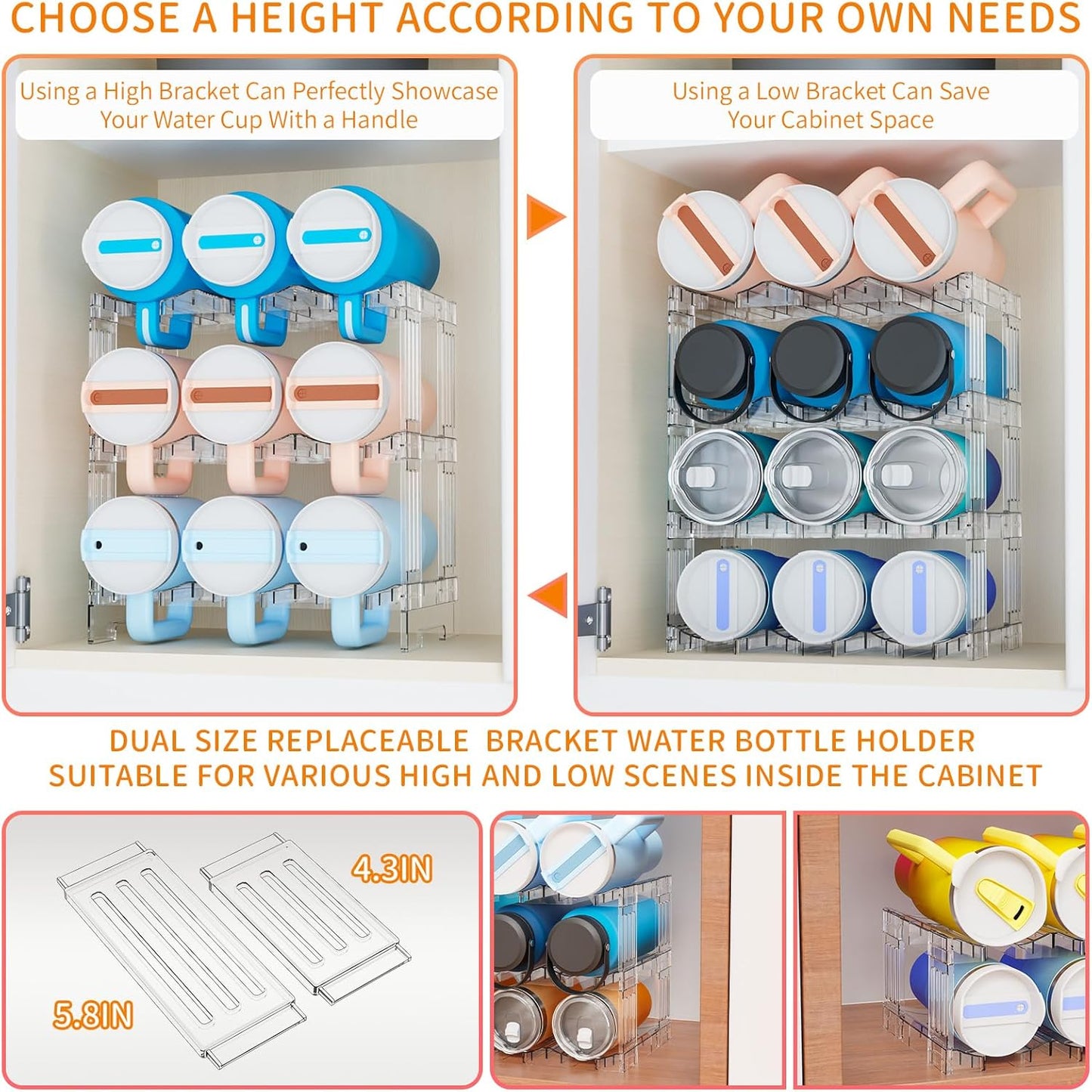 Yieach Stackable Water Bottle Organizer for Cabinet Yeti or Stanley Storage Organizers - Larger Compartment for 40 oz Stanley Cup Holder and Other Tumbler Organizers,Waterbottle Rack for Pantry,2 Tier