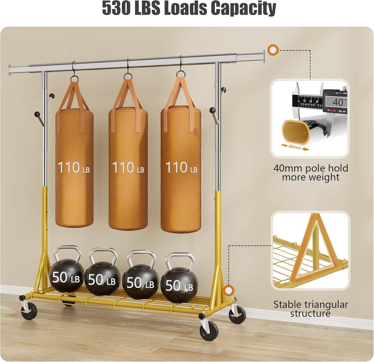 Rolling Clothes Rack Load 530lbs,Heavy Duty Garment Rack With Sturdy Wheel And Shelves, Adjustable Portable Hanging Rack For Clothes, Stainless Steel, Gold