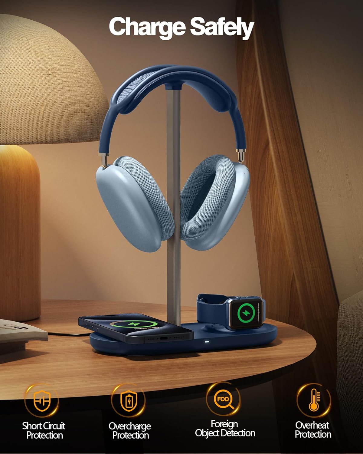 HiWe 3-in-1 Headphone Stand - Universal Desktop Gaming Headset Holder with Wireless Charger for Phones/AirPods/iWatch, Aluminum Alloy Rod, Leather Pad, ABS Solid Base, Blue
