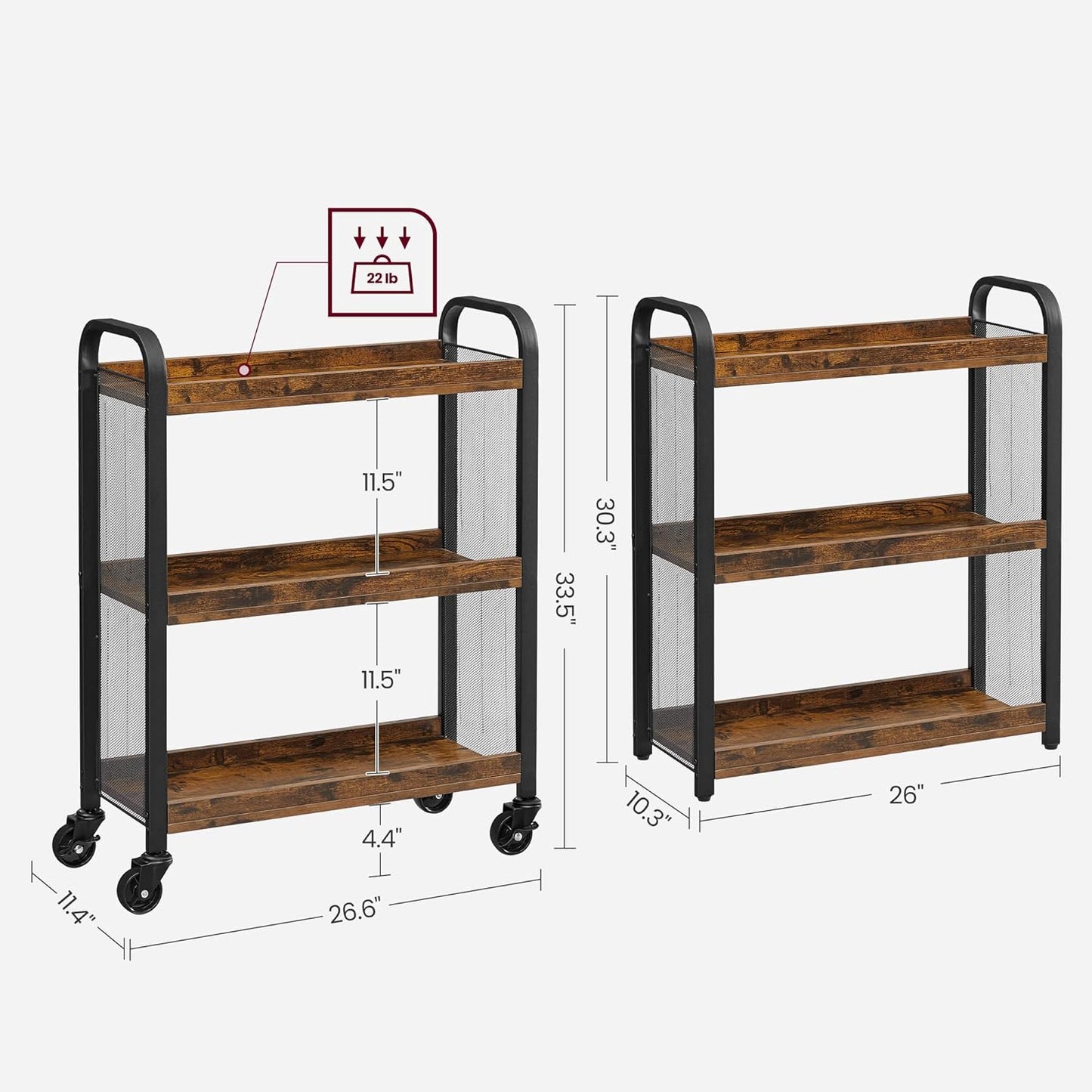 VASAGLE 3-Tier Narrow Storage Cart, Rolling Cart with Wheels, Steel Frame, Slim Storage Cart for Kitchen, Dining Room, Laundry Room, Adjustable Feet Included, Industrial Style, Rustic Brown and Black