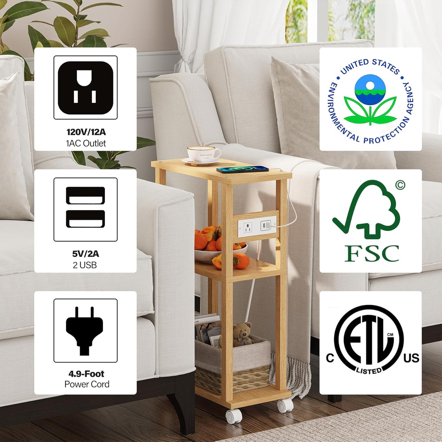 TUTOTAK Small Narrow Side Table with Charging Station, Skinny End Table for Small Spaces, Slim Nightstand with USB Ports and Outlet, Sofa Beside Table with Wheels, Natural TB01BN046