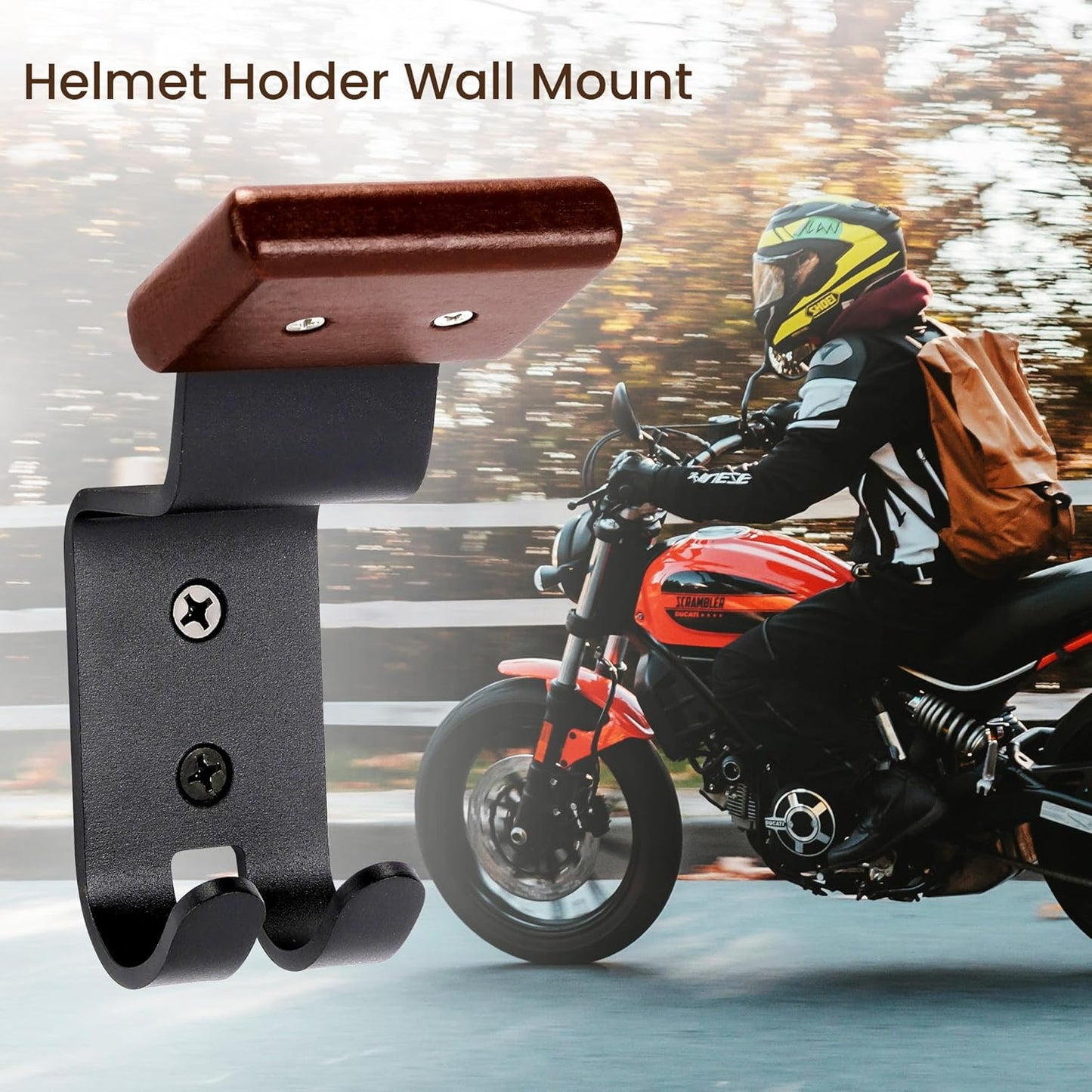 Motorcycle Helmet Holder Wall Mount - Solid Wood & Steel Gear Organizer Rack with 2 Hooks, Heavy Duty Display Hanger for Helmets, Football Gear, Ski Equipment, Hats, Jackets - 2 Pcs