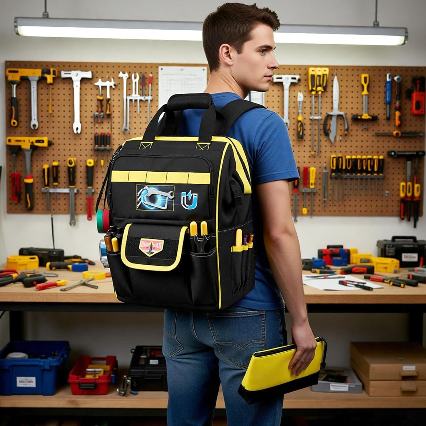 Tool Bag Backpack with Zipper Pouch and Magnetic Attraction Area, Heavy-Duty Tool Storage Organizer Bag, Tactical Work Tool Bag for Electrician, Repairman, HVAC Techs, Black