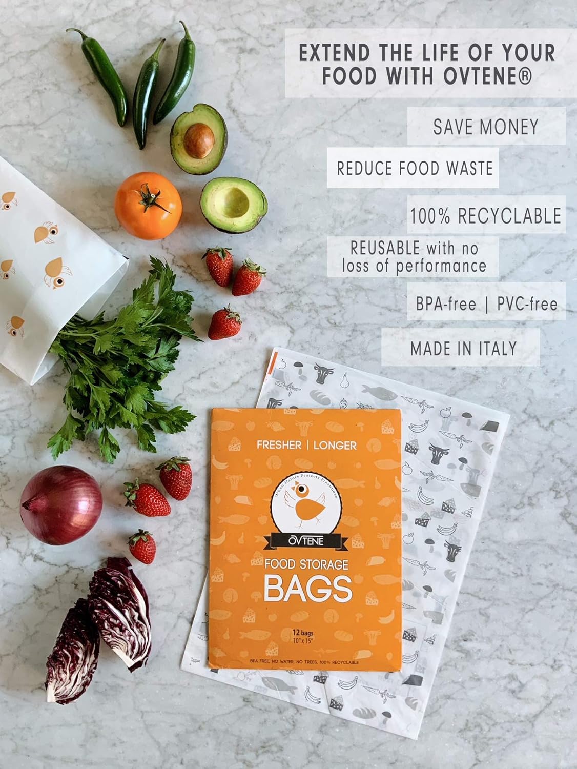 Food Storage Bags for Cheese, Meat, and Produce - Keeps Food Fresher Longer (12 Large Bags 10”x15”)