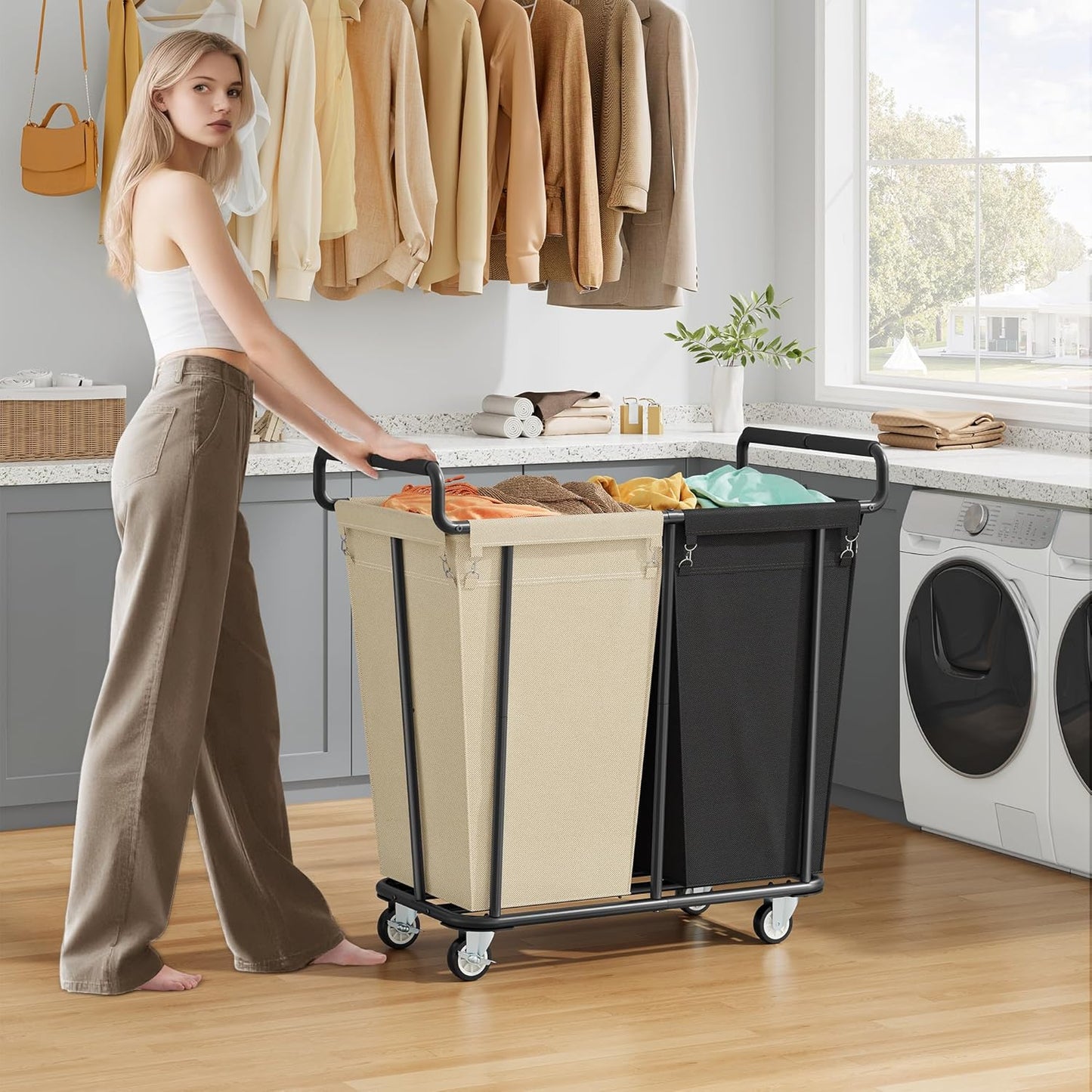 Large laundry hamper with Wheels, 2 Bag 360L Big Rolling Laundry Basket Sorter Cart, Extra Large Laundry Clothes Hamper, Heavy Duty Laundry Basket Organizer for Laundry Room,Bathroom