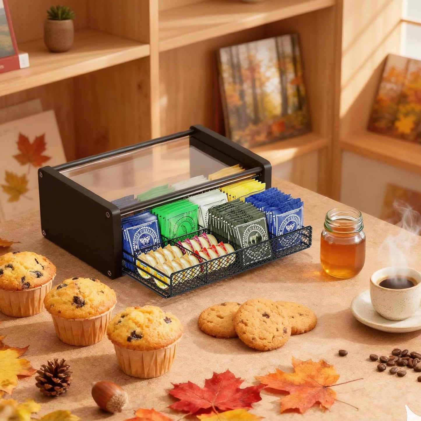 Tea Bag Organizer, Tea Organizer and Storage with Drawers, Divided Compartments Storage, Wooden Kitchen Organizers and Storage for Kitchen, Countertop, Office, Tea Station
