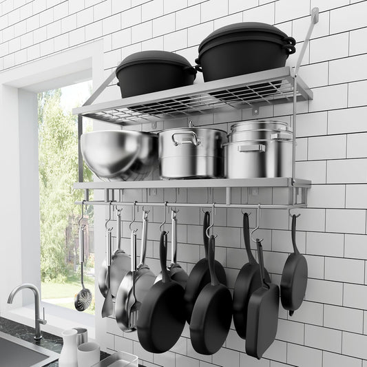 KES 30-Inch Silver Gray Pot Rack Wall Mounted, 2-Tier Hanging Pot and Pan Organizer with 12 Sturdy Hooks, Kitchen Wall Hanger Shelves Modern, KUR215S75B-SG