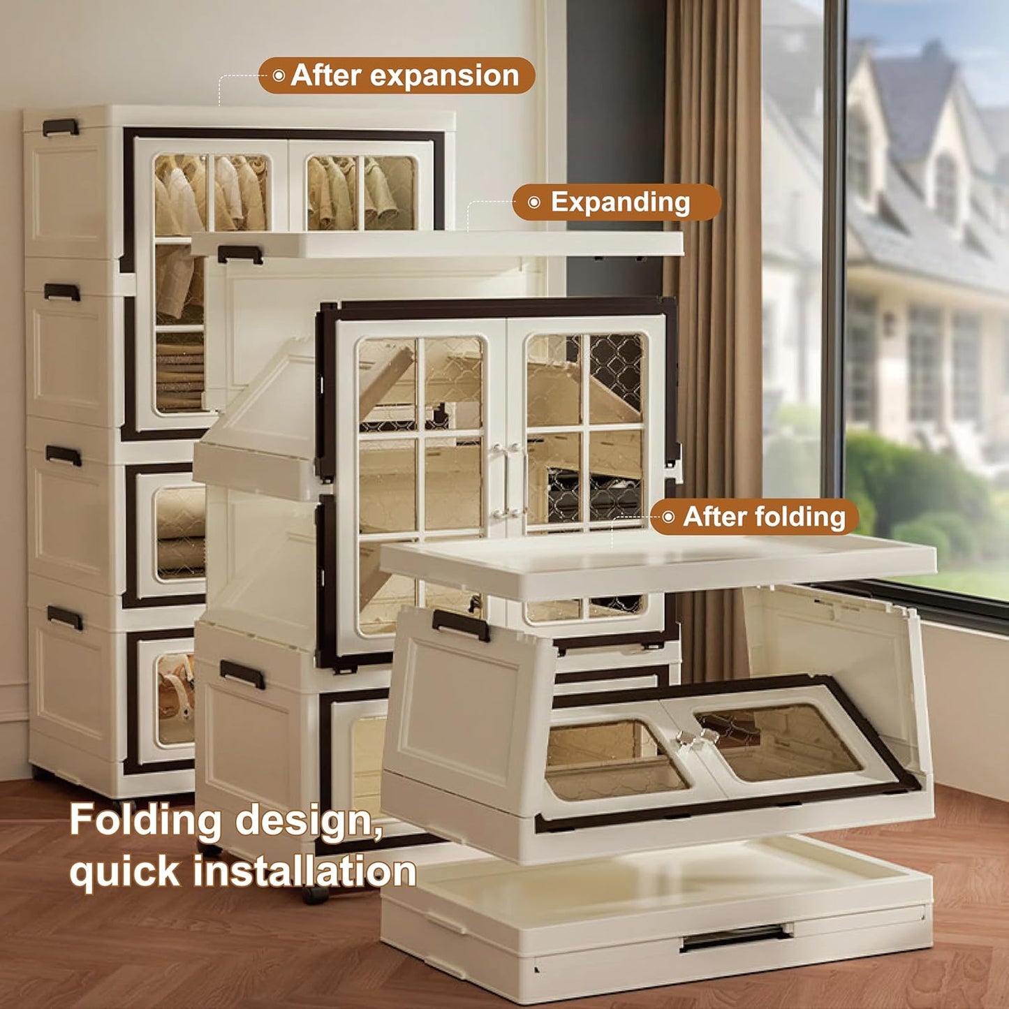SunSettler 4 Tier Storage Bins with Lids, Stackable Closet Organizers with Wheels, Collapsible Storage Boxes, Foldable Plastic Containers for Home,Office, Dorm Room