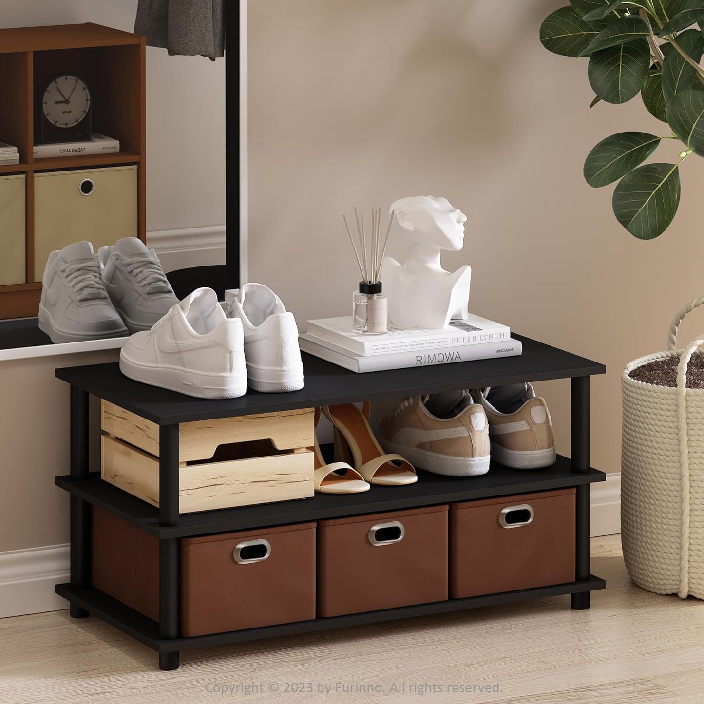 Furinno Turn-N-Tube Shoe Rack, Compact Shoe Organizer, Multipurpose Shoe Storage with Bin Drawers and Open Shelves, 15.5 x 31.2 x 15.4, for Closet Entryway, Office, Garage, Black Oak/Black/Brown